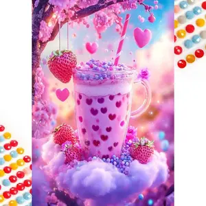 5D DIY Full Drill Round Diamond Painting Kit - Strawberry Milkshake Mosaic Canvas DIY Wall Art, Home Wall Decoration, Suitable for Halloween, Christmas, Birthday, and Anniversary Gifts DIY Kits