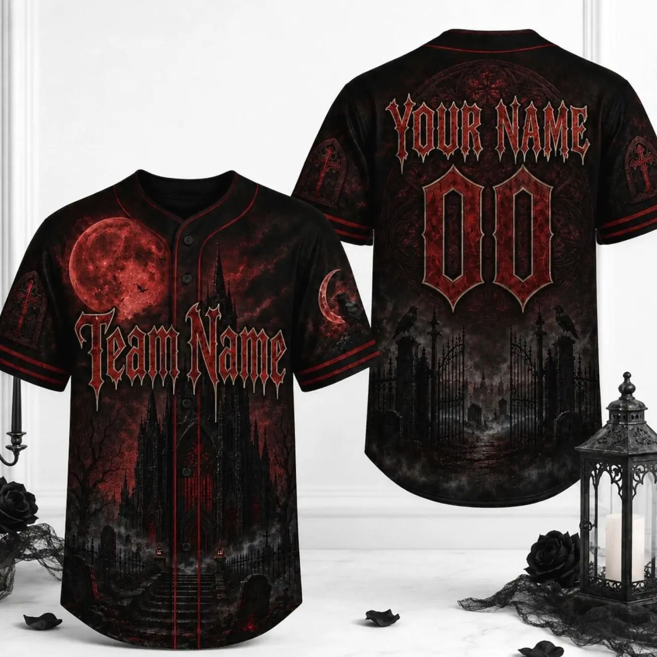 Personalized Gothic Baseball Jersey, Blood Moon Halloween Shirt, Custom Name Number Jersey, Dark Cathedral Raven Spooky Game Day Gift