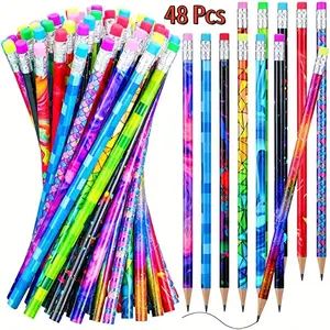 48 Wooden Pencils Bulk Pack, Writing Stationery, Vibrant Fun, Includes Erasers, Ideal for Party Gifts, Office Rewards, Gift Bag Fillers, Perfect for Events and Promotions