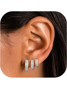 3 Pairs Gold Plated Chunky Hoop Earrings for Women 925 Sterling Silver Post Small Cartilage Hoop Earring Stack Trendy CZ Thick Huggie Hoop Earrings Set