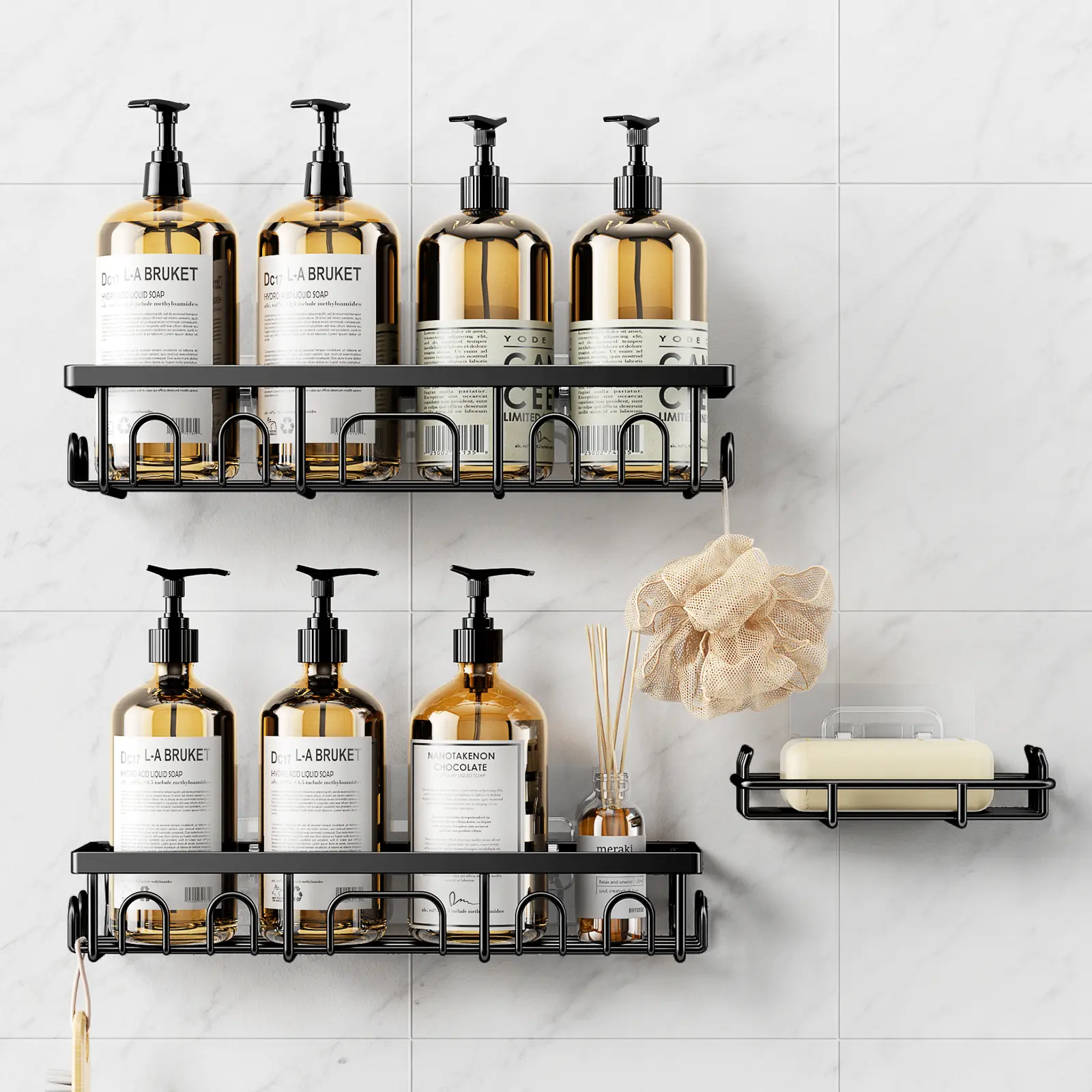 PKBD Stainless Steel Shower Caddy Set (3-Pack), Rustproof Adhesive Bathroom Organizer with Soap Holder, Smooth Wipe Shelves, No-Drill Storage for Bathroom, Kitchen, Home (Black), Wall