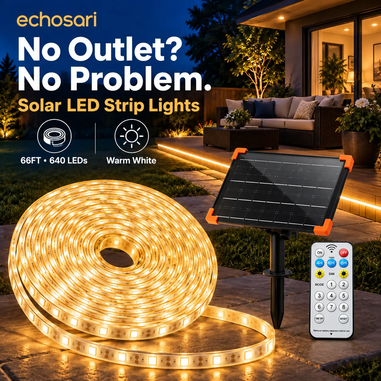Echosari Adjustable Brightness LED Solar Outdoor Lights, 66FT 640-LED Strip, Solar & USB Rechargeable, Remote-Controlled, 8 Modes, Timer, IP68 Waterproof for Backyard, Wedding Decoration