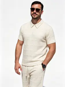 Men's 2 Piece Loungewear Set, Textured Polo Shirt & Shorts for Home & Streetwear