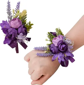 Wrist Corsage and Boutonniere Set, 1 Set Small Rose Purple Hand Flower for Prom Artificial Wedding Wrist Corsage for Wedding Party Prom