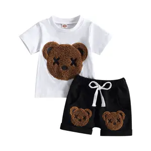 Baby Boys Summer Outfits Cartoon Bear Pattern Short Sleeve T-shirt and Casual Elastic Shorts Set