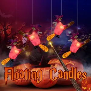 Floating LED Candle with Magic Staff/Remote Control, 4 Counts/set Cartoon Decoration, Witch Design Hanging Decor, Party Supplies
