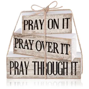 Set of 4 Christian dining table decorations: farmhouse wooden tabletop decor, tiered tray with Bible verses, rustic religious gifts, block signs, prayer center ornament; suitable for Easter, home kitchen shelves, and office.