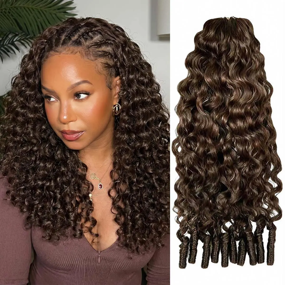 Chocolate Brown Burmese Curly Crochet Human Hair Bundles Moracle Knots Feather Corchet Human Hair Extensions Pre-Separated 3C4A Lightweight Reusable Remy Curly Hair for Black Women Chocolate Brown