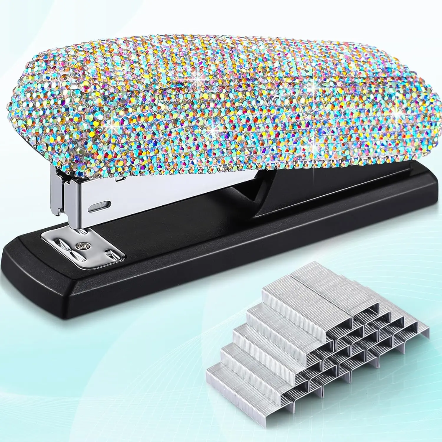 Bling  Stapler  Sparkly  Stapler for Desk Handmade Clay Rhinestone Machine Pretty Office Stationery Kit Stylish Accessory for Women Lady Christmas(AB Color)