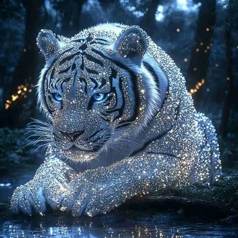 5D Full Drill Diamond Painting Kit - Diamond Pattern Design, Sparkling Silver White Tiger with Blue Eyes in Moonlit Forest, Round Acrylic Diamonds, DIY Art for Home Wall Decor, Ideal Gift for Wildlife & Craft Enthusiasts, Animals