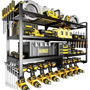 Large Power Tool Storage Box Wall-Mounted, 4-Tier Heavy-Duty Metal Load 400 lbs, Power Tool Rack Battery Storage, with 8 Cordless Drill Holders, Practical Garage Workshop Shelf