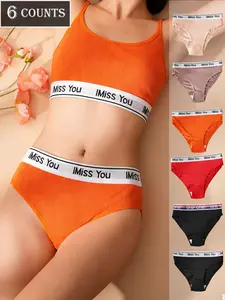 Dorsu 6-Piece High Stretch Women's Triangle Panty, Colorful Set with Cute Letter Stripes, Soft and Comfortable for All-Day Wear