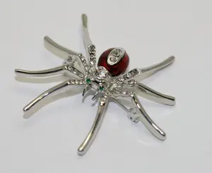 Silver Plated Clear Rhinestone and Red Enamel Spider Brooch Halloween Spider Pin, Holiday Costume Jewelry