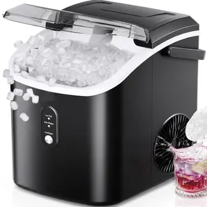 Countertop Portable Nugget Ice Maker with Handle, 6 Mins Ready, 34lbs/Day, Removable Top Cover, Auto-Cleaning, Basket & Scoop, for Home/RV (Black)