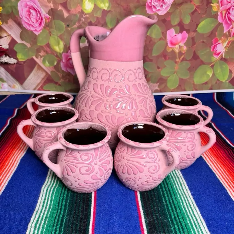 Jarra rosa rosa con 6 tazas T.