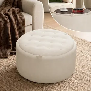 Tbfit Round Storage Ottoman – Velvet Fabric, No Assembly Footrest & Seat with Hidden Storage for Living Room, Bedroom & Nursery, Beige