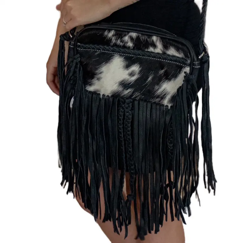 Daisy Dukes Crossbody Bag with Cowhide Pattern and Fringe Detail for Women