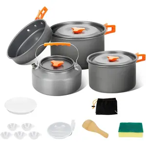 15pcs Camping Cookware Set, Lightweight Nonstick Pots, Pan, Kettle, Utensils, Bowls, and Cleaning Tool with Mesh Bag  Camping Hiking Backpacking RV Tailgating Cooking, CT605