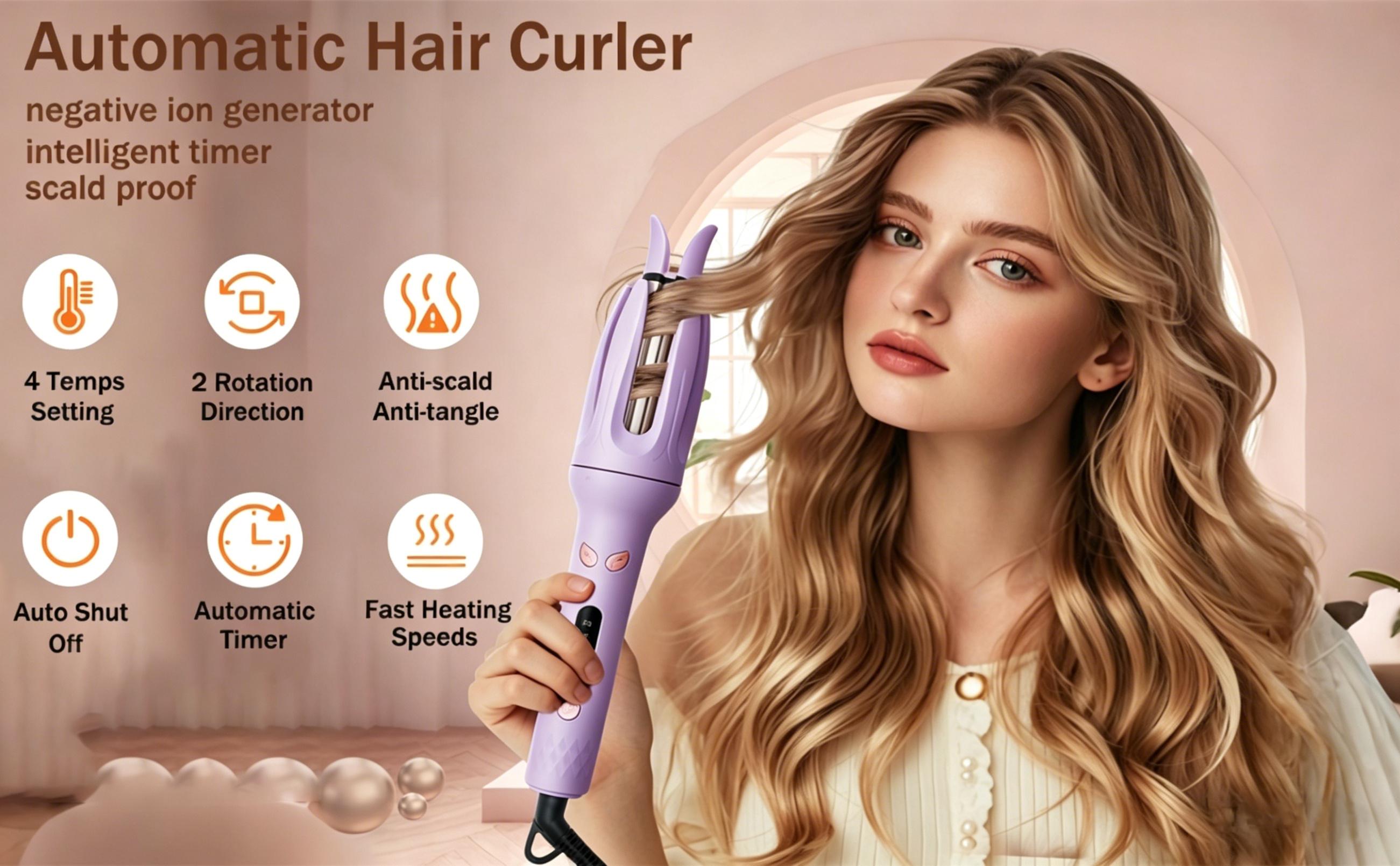 Automatic Hair Curler, Automatic Curling Iron with 4Temperatures,Dual Voltage Rotating Curling Iron with 11/4inch Fast Heating and Auto Shut-Off Mother's Day Gift Idea