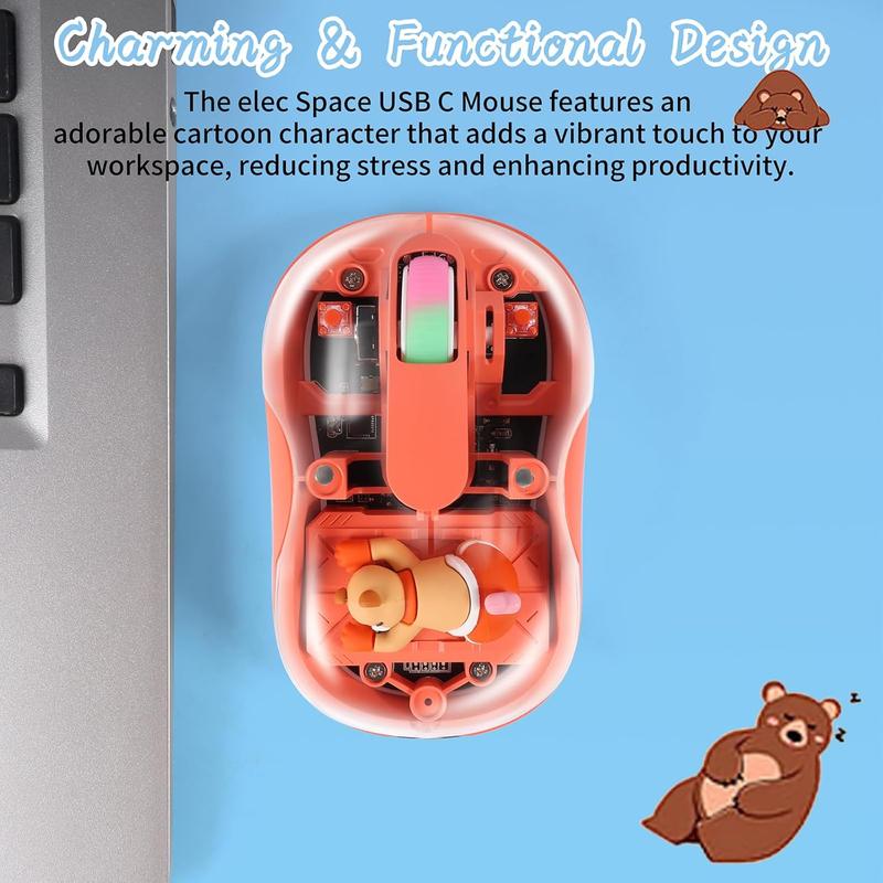 Cute Wireless USB C Mouse - Bluetooth Triple Mode Rechargeable Cartoon Mouse for Laptops, iPads & MacBook Air/Pro - Silent Operation, Portable Design, Unique Magnetic Character (Orange)