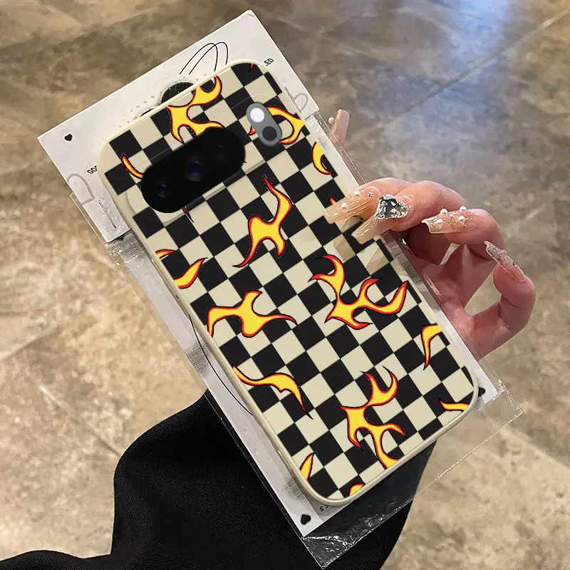 Rounded Edge Phone Case for Google Pixel 10 9 8 7 Pro A XL Flames on Checker Pattern Anti-Scratch Shockproof TPU Bumper Drop-proof Cover Cellphone Protective