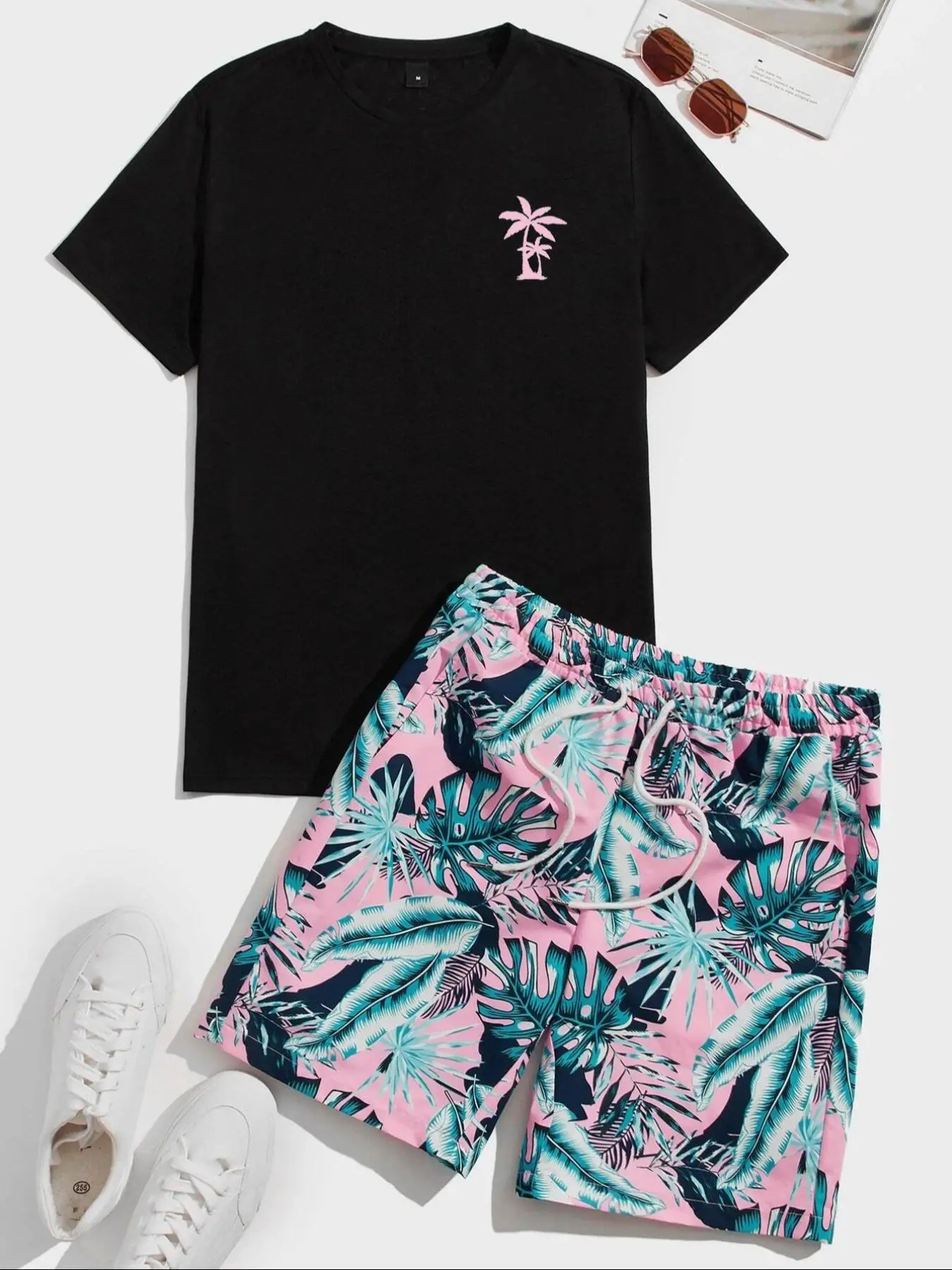 Two-piece Set Men's Coconut Tree Print Tee & Leaf Print Drawstring Shorts Set, Casual Regular Fit Round Neck Short Sleeve T-shirt & Pocket Elastic Wai