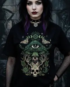 Shaniah Goth Oversized Green Distressed Mushroom Skull Eye Print Single Shoulder T-Shirt, Summer Goth Clothes