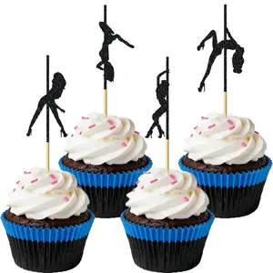 12/24pcs Pole Dance Girl Cupcake Toppers Black Glitter Pole Dancing Cupcake Picks for Disco Ball Music Theme Bachelor Birthday Wedding Party Decorations