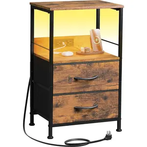 Night Stand with  Station, LED Nightstand with 2 Fabric Drawers and Storage Shelf, Small Bedside Tables for Small Spaces, Dresser for Bedroom, Rustic Brown