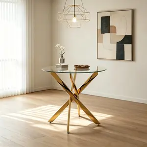 35.5" Round Glass Dining Table with Gold Legs, Modern Kitchen Table for Home Dining Room, Tempered Glass Dining Table for 4 Seats, Glossy Finish