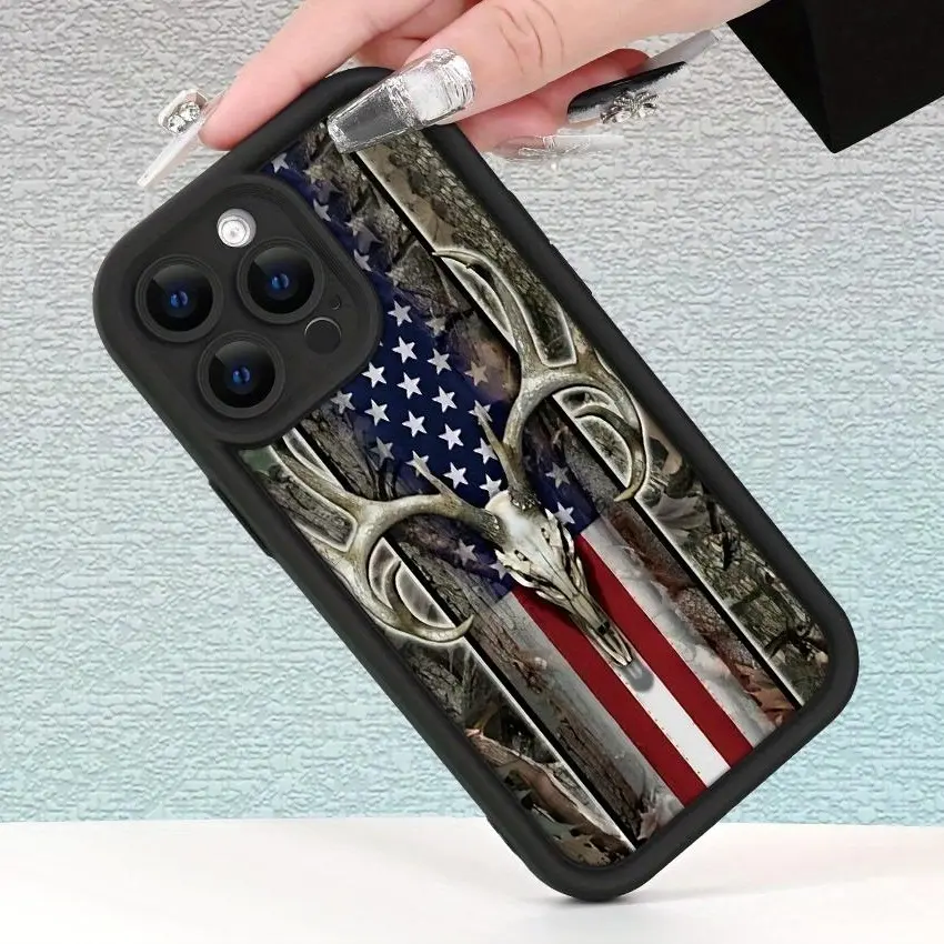 Durable Silicone Cellphone Case for iPhone 17/16/15 Pro Max Plus/14/13/12/11/X/XR, Ram Head American Flag Pattern, Handheld Casing with Shockproof, Anti-Scratch Protection for Mobile Devices, Cover