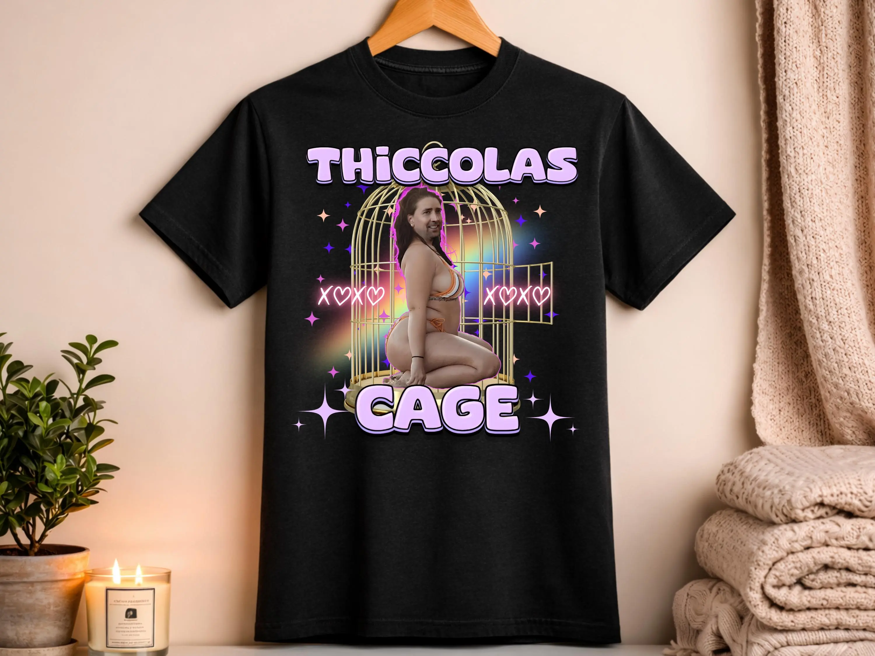 [Sale Up To 50%] Thiccolas Cage Funny Meme Shirt, Gag Tshirt Unhinged Gift Inappropriate, Cursed Celebs Celebrities Offensive Raunchy Stupid Meme Shir, Graphic Streetwear T-shirt