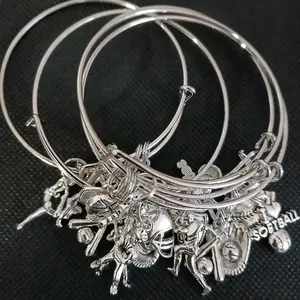 Silver Skinny Sport Bangles with Detailed Charms and Sports Themed Designs