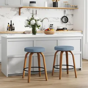 Set of 2 Swivel Bar Stools 26'' Counter Height Backless Fabric Upholstered Seats Sturdy Curved Wood Legs Mid Century Modern Design for Kitchen & Bar