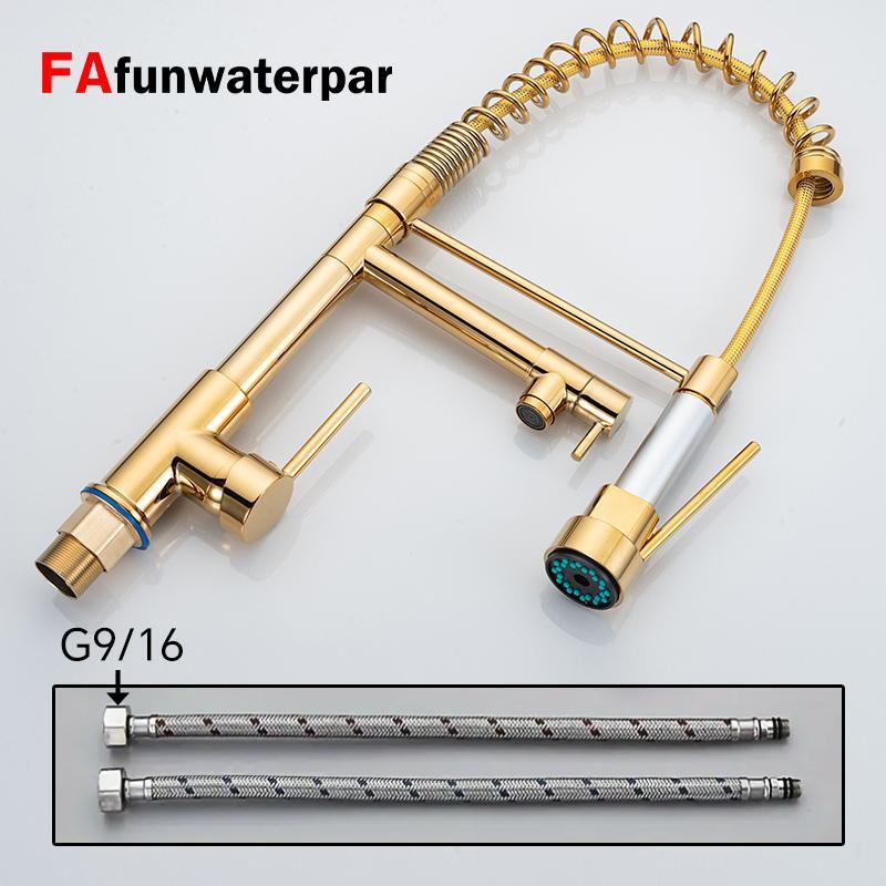 Kitchen faucet with pull-down spray, single handle double outlet commercial kitchen sink faucet, solid copper body, compatible with deck 1 or 3 holes