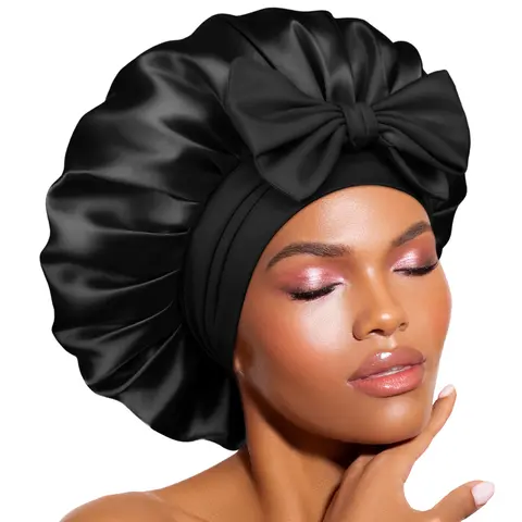 BONNET QUEEN Women's Single-Layer Satin Haircare Hat - Adjustable Bow Style Elastic Tie Band, Silky Smooth Material, Heatless Frizz Control, Anti-Hair Loss, Machine Washable Casual Sleep Nightcap for Curly Hair (Bn001-Black-M)