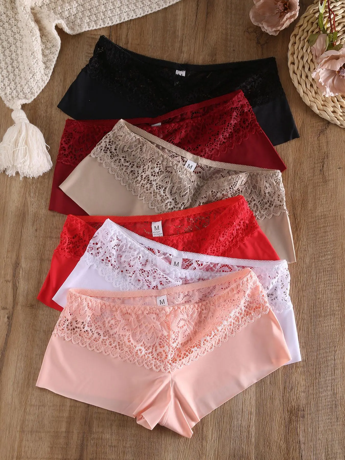 Women's 6pcs Solid Contrast Lace Hollow Out Breathable Stretch Knicker, Fashion Comfy Underwear, Fitted Boxer Briefs, Ladies Underwear, Summer Daily Wear