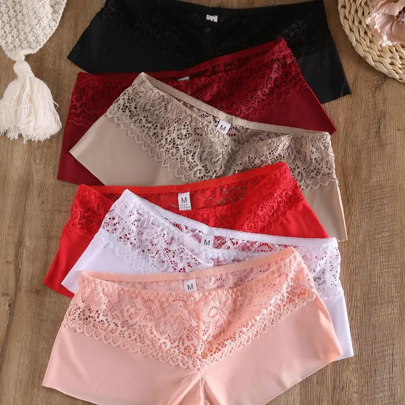 Women's 6pcs Solid Contrast Lace Hollow Out Breathable Stretch Knicker, Fashion Comfy Underwear, Fitted Boxer Briefs, Ladies Underwear, Breathable Comfy Innerwear, Summer Daily Wear