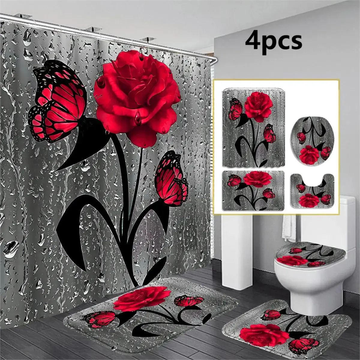 Rose & Butterfly Pattern Bathroom Decor Set, 1 Count/4 Counts Modern Waterproof Bathroom Shower Curtain with 12pcs Hooks, Bathroom Accessories for Hom