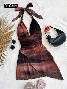 Women's Fashion Colorblock Print Tie Back Draped Dress, Chic Casual Halter Sleeveless Dress for Summer, Ladies Clothes for Beach Holiday Vacation