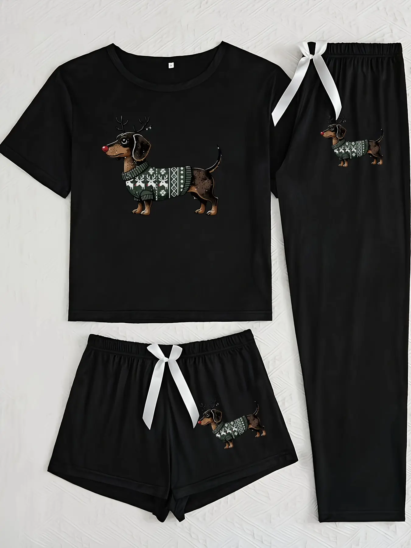 Women's Christmas Matching Pajama Set, Cartoon Animal Sausage Dog Print Knit Sleepwear, Casual Fitted Nightgown, All-Season Comfortable Loungewear, Pyjamas