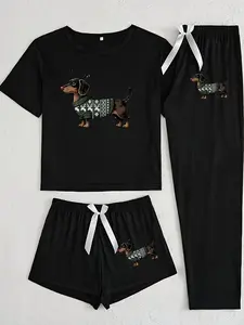 Women's Christmas Pajama Set, Cartoon Sausage Dog Print Knit Sleepwear, Casual Fitted Nightgown, All-Season Comfortable Loungewear