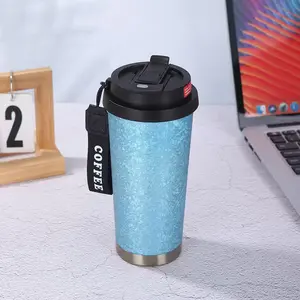 Blue coffee thermal insulation kettle/coffee cup with lid, double drinking port straw design, wide mouth easy to clean, 316 stainless steel drinking utensils, slender base is suitable for car cup holder, 18oz can be carried, school, office, hiking