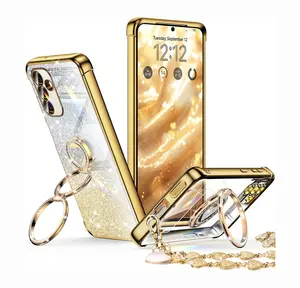 XYZ for Galaxy S25 24 23 22 Case with Stand, for iPhone 15 16 17 Case with Double Ring, Women Girls Bling Luxury Glitter Clear Phone Case Cover Heart
