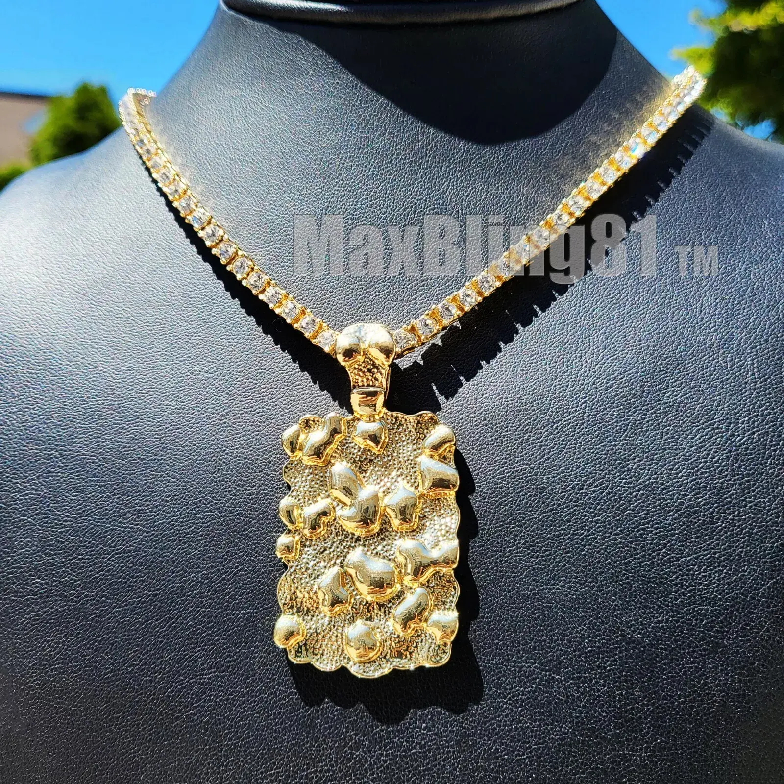 MaxBling81 Unisex Hip-Hop Golden Nugget Dog Tag Pendant & 1-Row Lab Diamond Iced Tennis Chain Necklace, 16in-24in, Everyday Wear Costume Jewelry Statement Necklace, Tennis Chain Necklaces