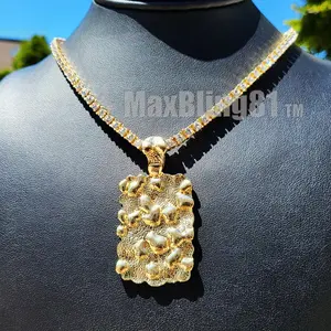 Golden Nugget Dog Tag Pendant & 16" 18" 20" 24" 1 Row Iced Tennis Chain Hip Hop Necklace Jewelry Men Women Unisex