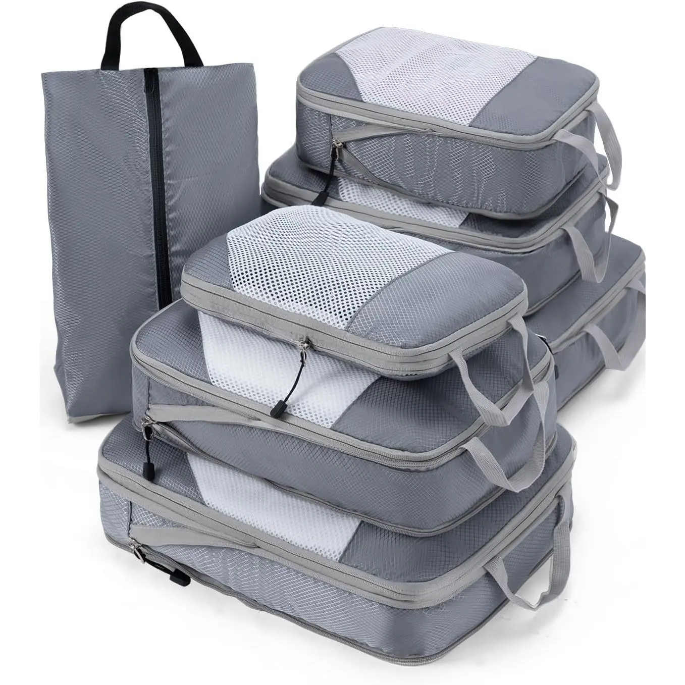 7 Set Compression Packing Cubes for Travel, Durable Ripstop Mesh Suitcase Organizer with Shoe Bag, Ultralight & Expandable Space Saver Travel Cubes
