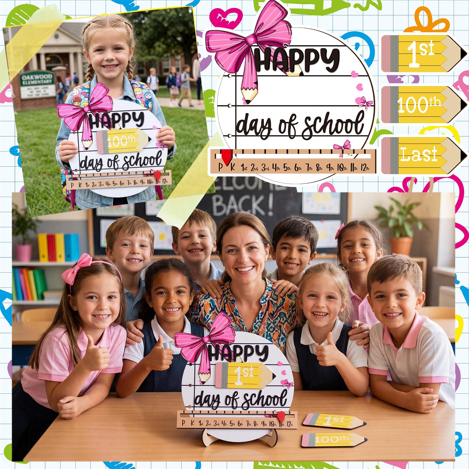 First & Last Day of School Sign Reusable Dry Erase 8" - Back to School Board Gifts Wooden Pencil Style, Cute Pencil Bow Notebook Design for Pre-K Kindergarten Photo Props First Day Last Day Traditions Teachers Parents Essentials Class of 2026