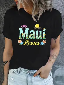 Women's Maui Tropical Print T-Shirt - Short Sleeve Crew Neck Casual Top with Palm Trees & Hibiscus Design, Medium Stretch Breathable Fabric, Machine Washable for Summer & Spring, Beach Vacation Apparel, Mediumstretch Fabric, Spring Fashion, Lightweight Te