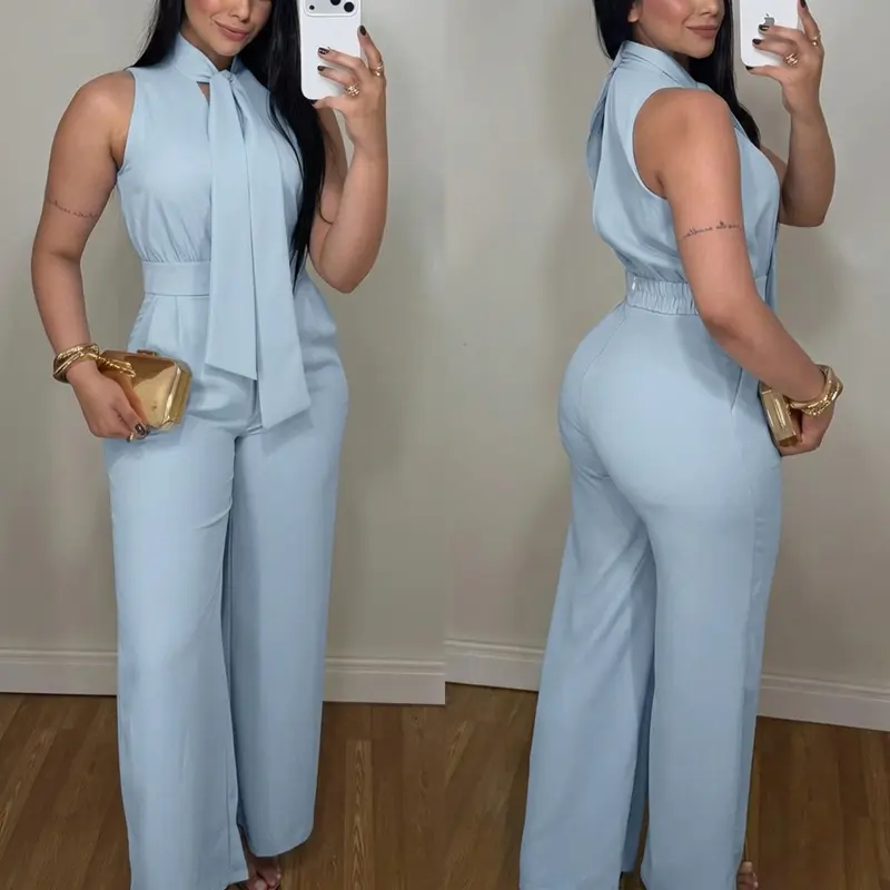 CHICME Women's Women's Tie Neck Split Back Wide Leg Jumpsuit Sleeveless Backless High Waist Elegant Jumpsuit